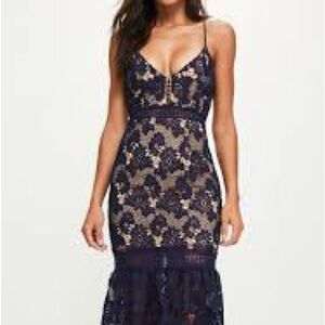 Missguided Navy Lace Fishtail Hem Midi Dress Size 6